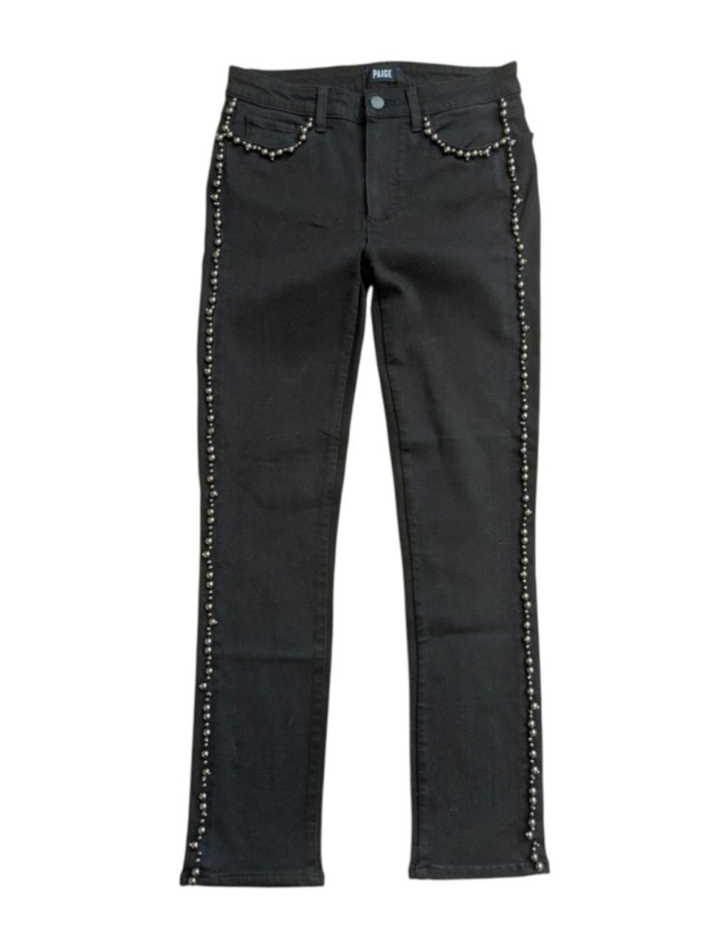 PAIGE Black Hoxton Skinny Jeans Silver Beaded Trim Size 27